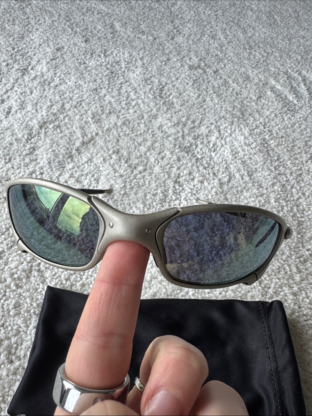 Vintage 90’s Oakley Juliet Titanium Gray Frame Sunglasses with Blue/Green Lenses